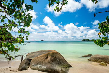 Beautifully shaped granite boulders and a perfect white sand. Most beautiful tropical beaches - Seychelles, Praslin island