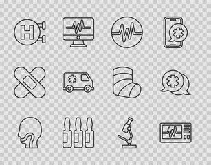 Set line Sore throat, Monitor with cardiogram, Heart rate, Medical vial, ampoule, Hospital signboard, Emergency, Microscope and Dialogue the doctor icon. Vector