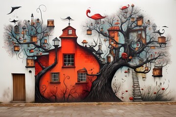 Street art painting on wall illustration, mock-up, 3d modern art, graffiti