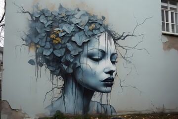 Street art painting on wall illustration, mock-up, 3d modern art, graffiti