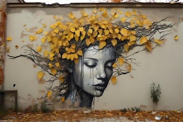 Street art painting on wall illustration, mock-up, 3d modern art, graffiti