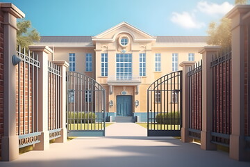 School building facade exterior with opened metal gate at sunny day. Generative AI