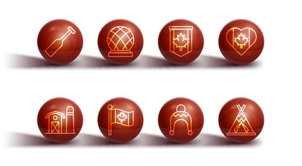 Set line Paddle, Farm house, Heart shaped Canada flag, Winter hat, Flag of, Montreal Biosphere, Indian teepee or wigwam and Pennant icon. Vector © Kostiantyn