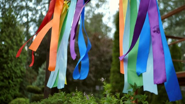 Symbol of equality, freedom, love. Colorful ribbons in the colors of the gay or lgbt rainbow flag.Pride flag fluttering in the wind.LGBTQIA Gay Pride Rainbow Flag