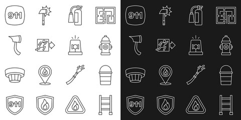 Set line Fire escape, bucket, hydrant, extinguisher, exit, Firefighter axe, Emergency call 911 and Flasher siren icon. Vector