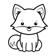 Cute fox isolated on white background. Coloring page Flat Vector illustration