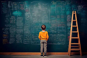 Schoolboy standing on wooden floor in class and writing equation with chalk on huge chalkboard. Generated AI