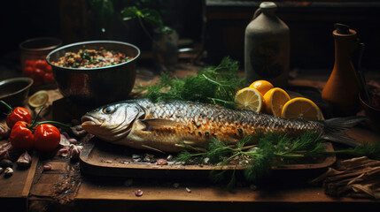 Grilled fish with lemon, tomatoes and herbs.