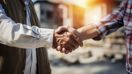 close up hand senior architect, engineer construction worker team hand shaking at construction site building background , contract, contractor, partnership, construction plan concept, Generative AI