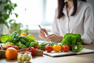 Obraz na płótnie Canvas Nutritionism. fresh vegetable and fruit on desk with nutritionist female doctor working at office hospital, nutrition, diet plan, nutrition, food science, healthy food concept, Generative AI
