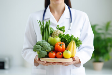 Healthy Food. nutritionist female doctor hand holding fresh vegetable and fruit working at office hospital, nutrition, diet plan, nutrition, food science, healthy food concept, Generative AI
