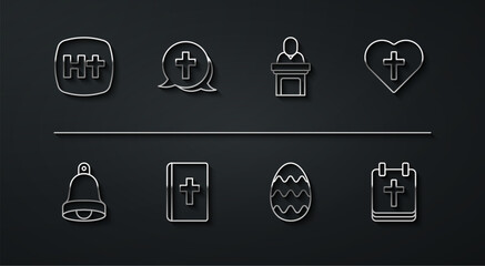 Set line Christian cross, Church bell, in heart, Easter egg, Holy bible book, Calendar with and pastor preaching icon. Vector