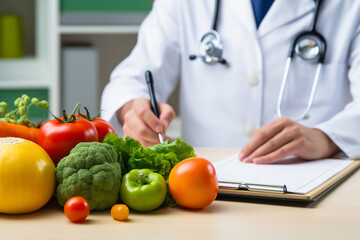 Nutrition. fresh vegetable and fruit on desk with nutritionist male doctor working at office hospital, nutrition, diet plan, nutrition, food science, healthy food concept, Generative AI