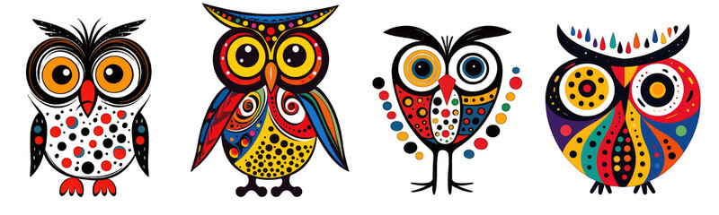 Collection of colorful owls on transparent background for t-shirt print design and various uses