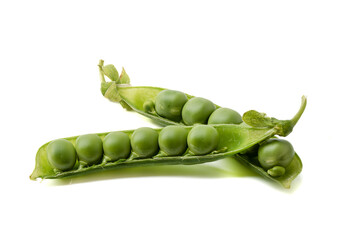Two open halves of pea pods with peas on a white background.
