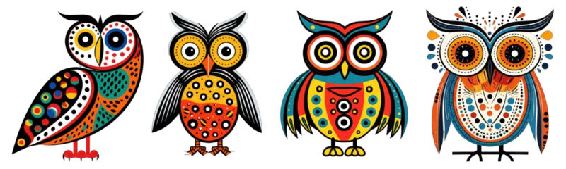 Acrylic prints Owl Cartoons Collection of colorful owls on transparent background for t-shirt print design and various uses