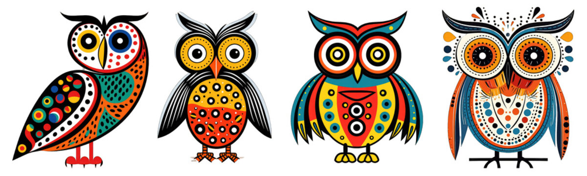 Collection of colorful owls on transparent background for t-shirt print design and various uses