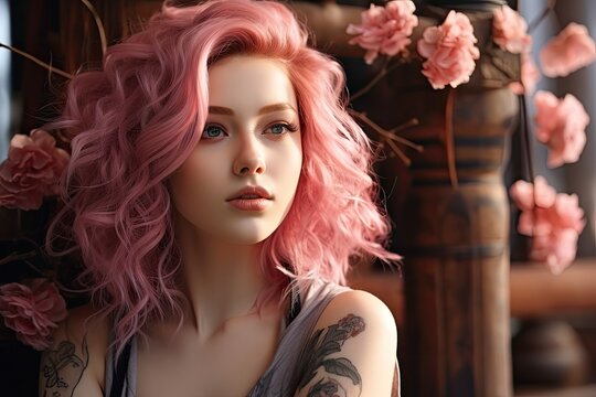 a woman with pink hair