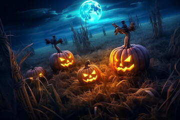 Fototapeta premium Halloween pumpkins Devil on dry rice straw in Horrow Halloween night. Generative AI.