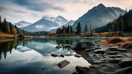 a lake with mountains in the background