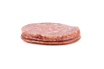 Sliced raw smoked sausage rings isolated on white background.