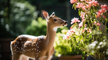 Obraz premium a deer with its mouth open in front of pink flowers
