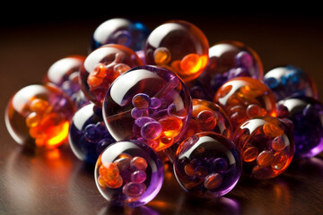 Purple and orange shiny glass marbles background