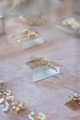 Luxurious hair pin for wedding brides on a glass display