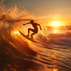 surf on sunset sea ,surfer silhouette on sunset sea water wave splash on sun light flares