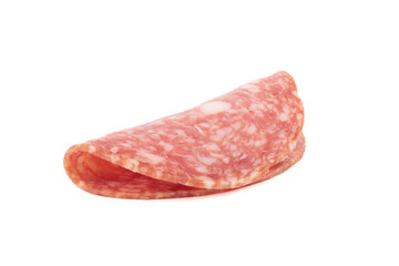 One piece of smoked cervelat sausage isolated on white background.