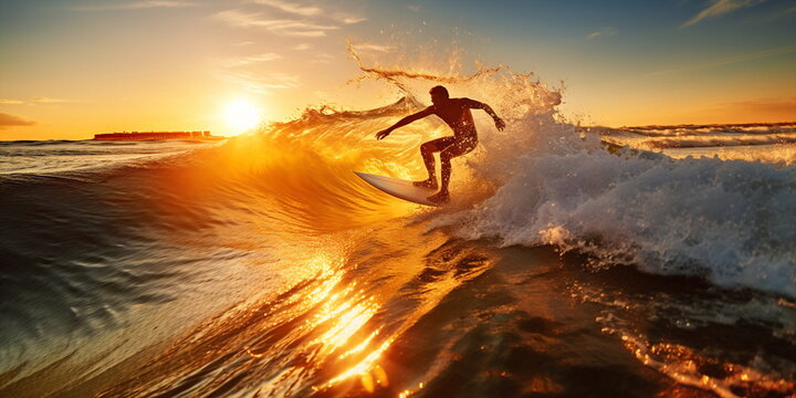 surf on sunset sea ,surfer silhouette on sunset sea water wave splash on sun light flares