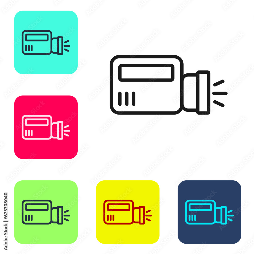 Poster black line flashlight icon isolated on white background. set icons in color square buttons. vector
