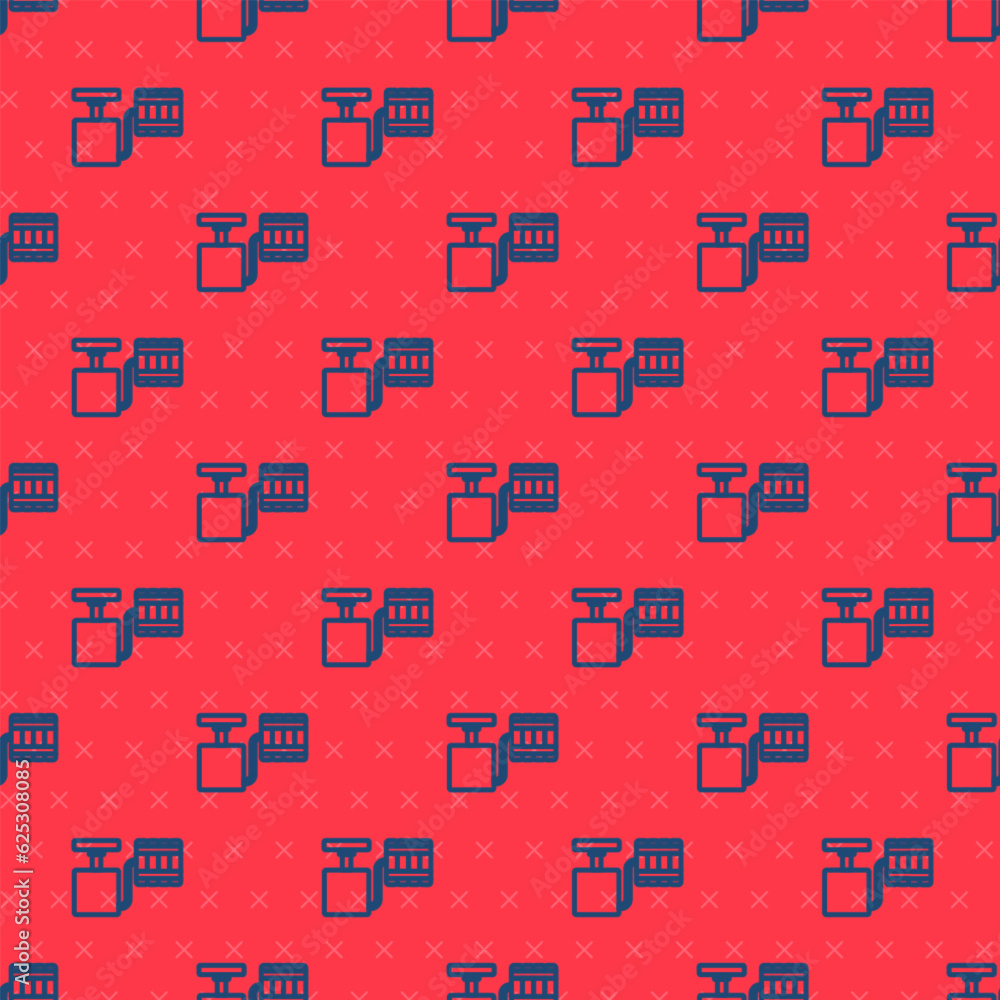 Poster blue line handle detonator for dynamite icon isolated seamless pattern on red background. vector
