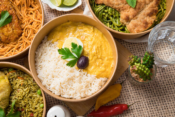 Aji de gallina Food buffet peruvian table Assorted dishes gourmet cuisine Peru traditional 