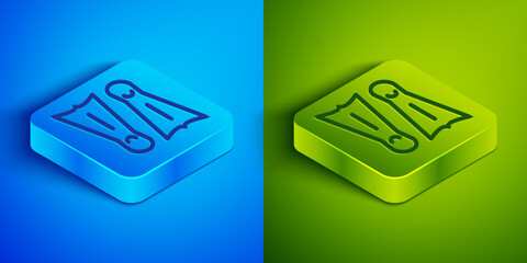 Isometric line Rubber flippers for swimming icon isolated on blue and green background. Diving equipment. Extreme sport. Diving underwater equipment. Square button. Vector © Kostiantyn