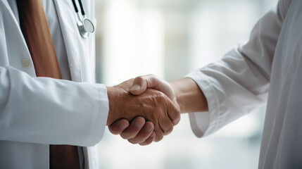 doctor and patient standing together shaking hands in hospital. Generative ai