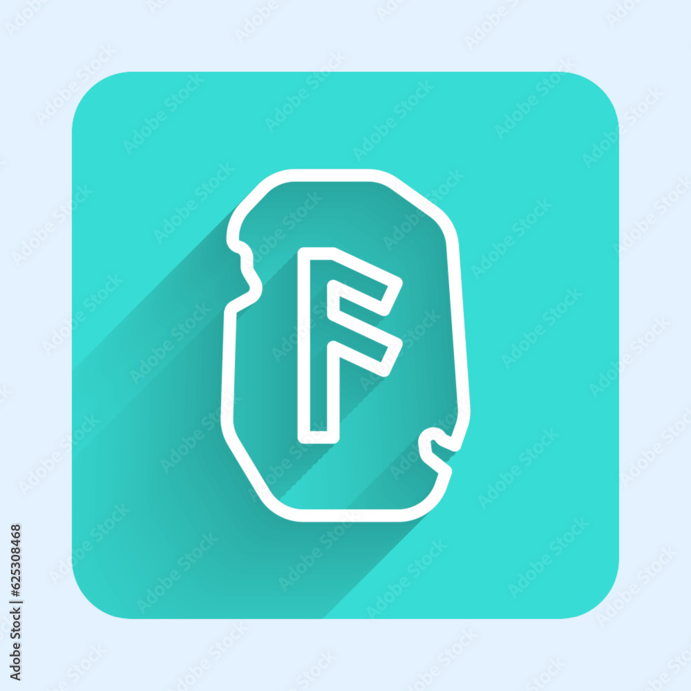 Poster white line magic rune icon isolated with long shadow background. rune stone. green square button. ve