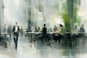 Abstract Business Art, Businessman and Businesswoman in a Businessmeeting, Green and White Image - Generative Ai 