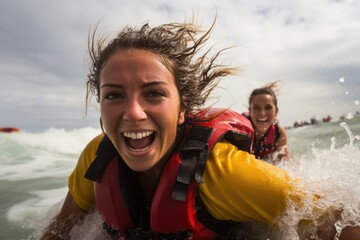 a person in a life jacket in the water with other women in the background