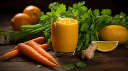  a glass of carrot juice surrounded by carrots and lemons.  generative ai