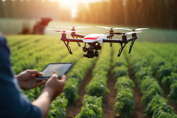 Smart Farming - eine Drohne fliegt eine Pflanzenkultur auf einem Feld ab. Generative AI. - obrazy, fototapety, plakaty
