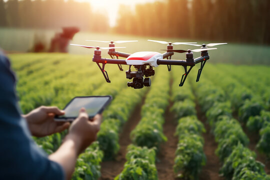 Smart Farming - eine Drohne fliegt eine Pflanzenkultur auf einem Feld ab. Generative AI.