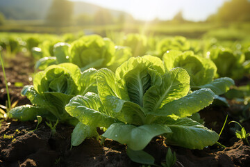 Gemüseanbau - knackig frischer Blattsalat auf einem Feld in der Nachmittagssonne, Generative AI