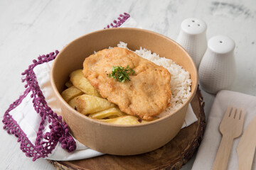 Chicken fillet with french fries Food buffet peruvian table Assorted dishes gourmet cuisine Peru traditional 