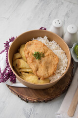 Chicken fillet with french fries Food buffet peruvian table Assorted dishes gourmet cuisine Peru traditional 