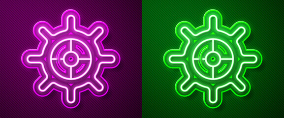 Glowing neon line Ship steering wheel icon isolated on purple and green background. Vector