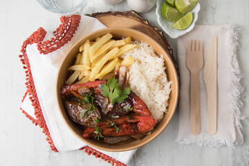 Lomo saltado sauted beef with french fries Food buffet peruvian table Assorted dishes gourmet cuisine Peru traditional 