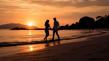 Obraz premium Silhouette of a young couple on the beach holding hands playfully during a sunset; romantic, young love, nostalgic