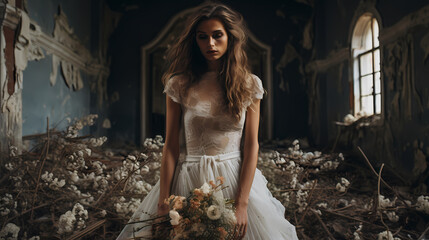 A bride looking sad and depressed, she stands with a bouquet of flowers in a tattered abandoned building; disaster wedding.