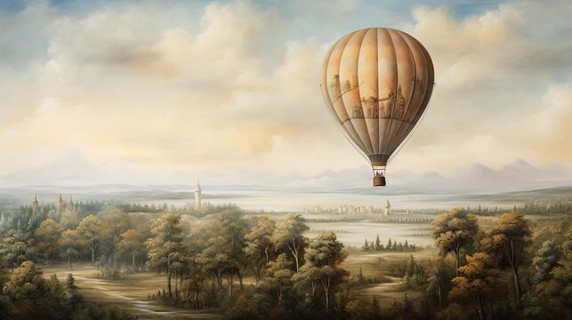  a painting of a hot air balloon flying over a forest.  generative ai